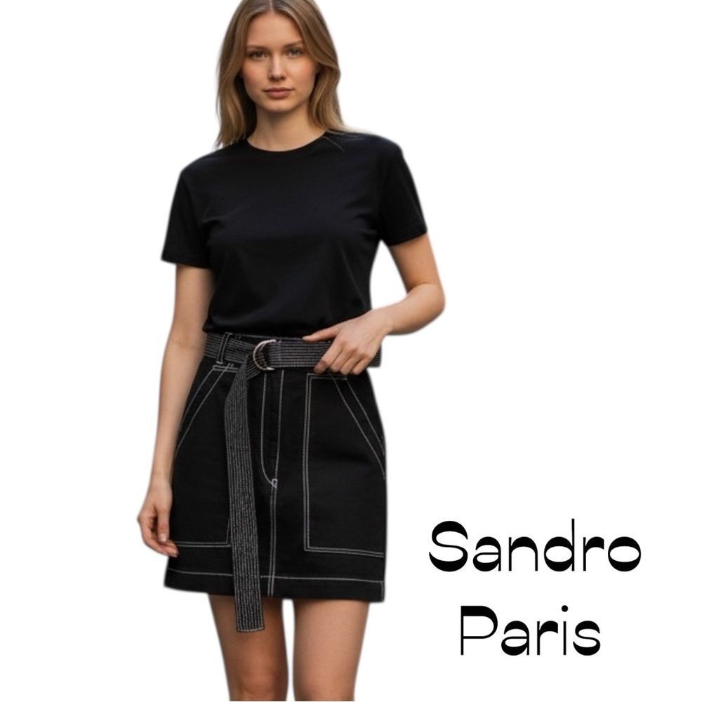 Sandro Paris Black Belted Mini Jean Skirt NWOT Size 2